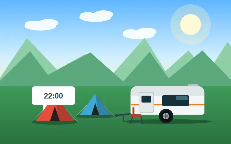 A tent and a caravan with a sign about quiet hours
