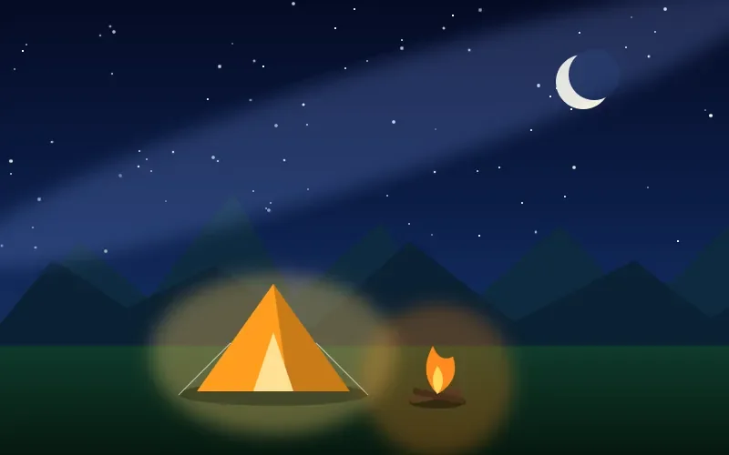 A tent and campfire under a starry sky