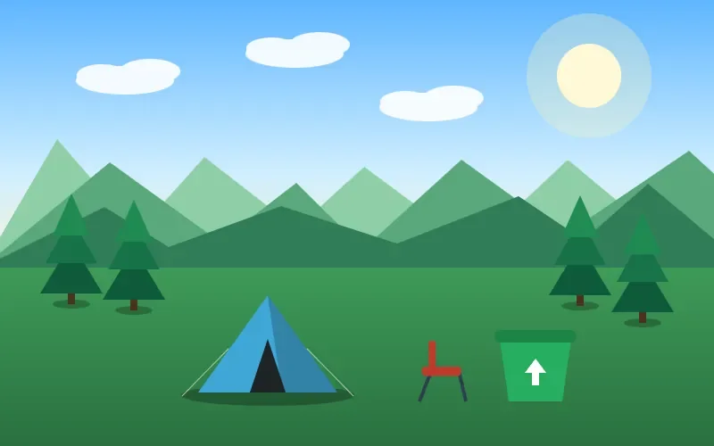 A tent beside a rubbish bin with a recycling arrow