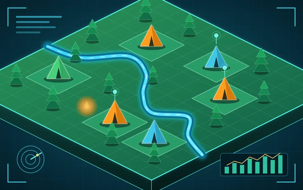 Isometric holographic map of campsites with glowing tents