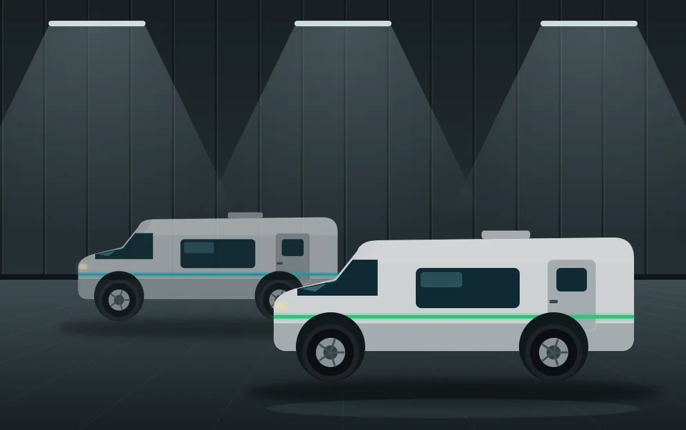 Modern campervans parked in a showroom